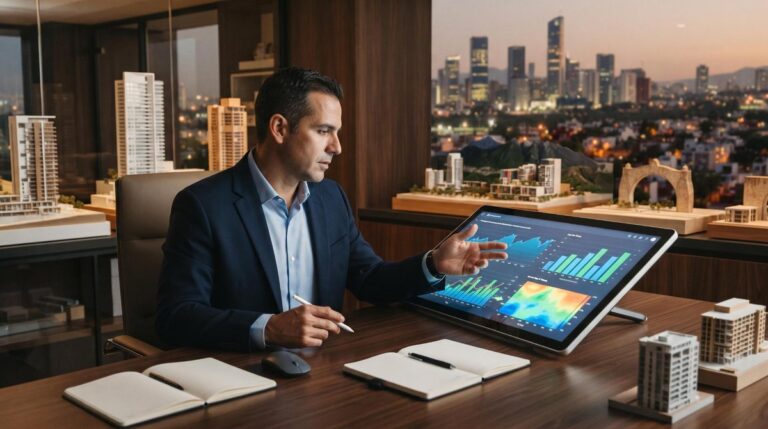 Persona revisando métricas de inversión inmobiliaria en una laptop con gráficas de rendimiento del mercado mexicano