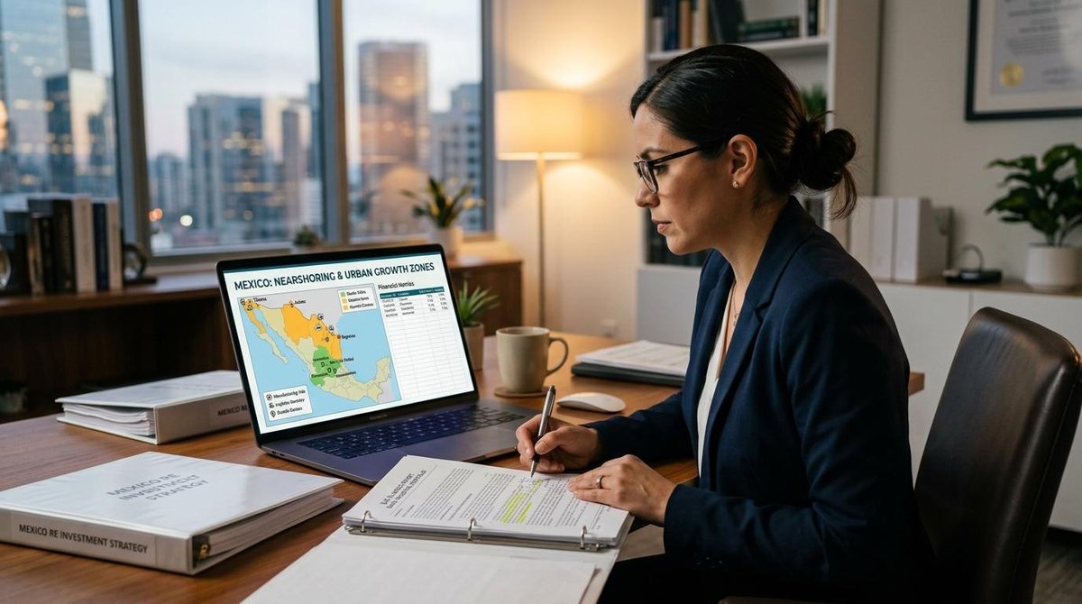 Persona inversionista revisando documentos legales y métricas financieras de propiedades en una laptop, con un mapa de México destacando zonas de near