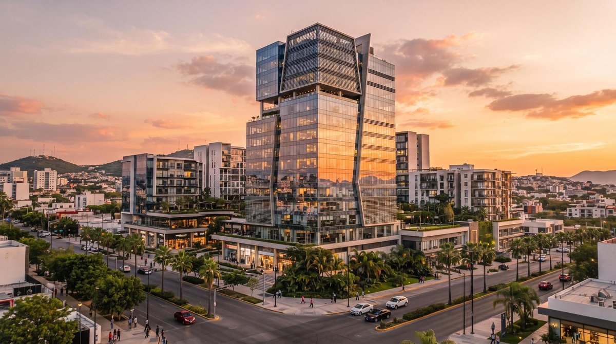 Edificio de oficinas y desarrollos inmobiliarios modernos en una ciudad media mexicana como Mérida o Querétaro, con enfoque en arquitectura contemporá