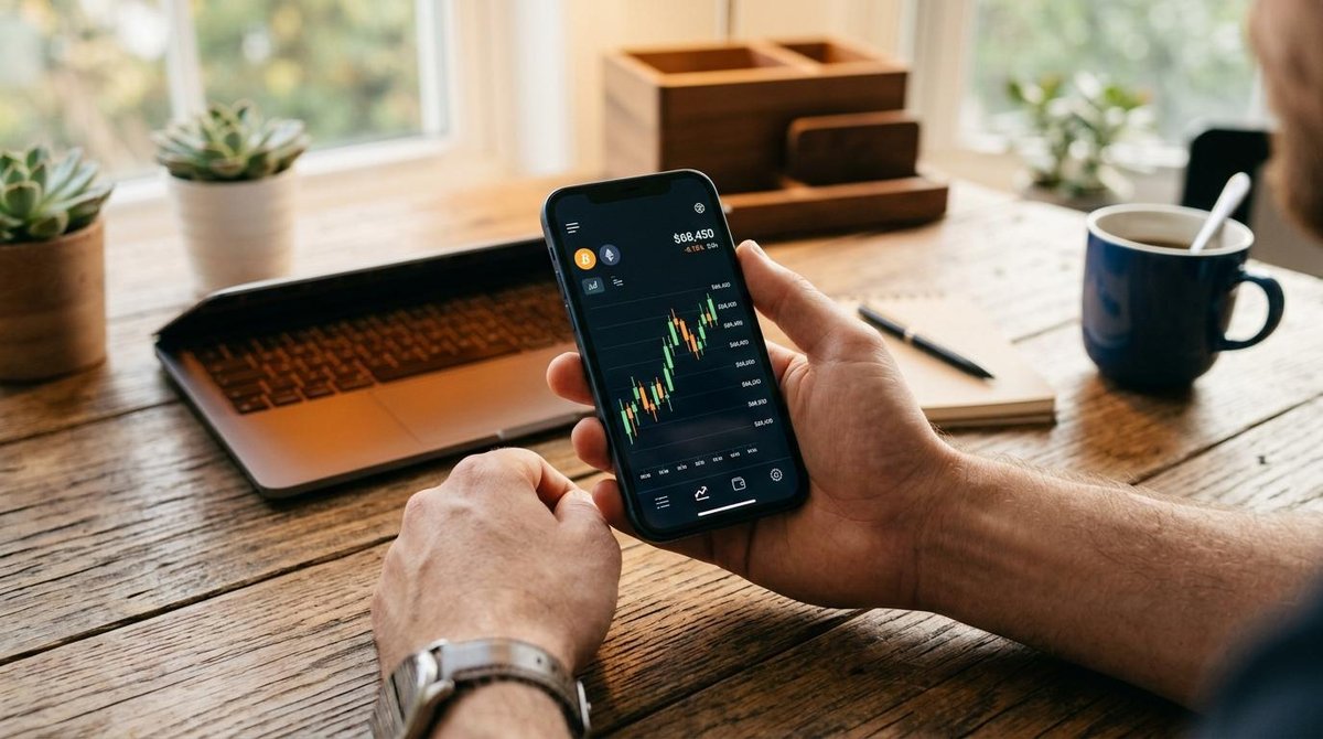 Persona revisando información sobre stablecoins y criptomonedas en su teléfono celular