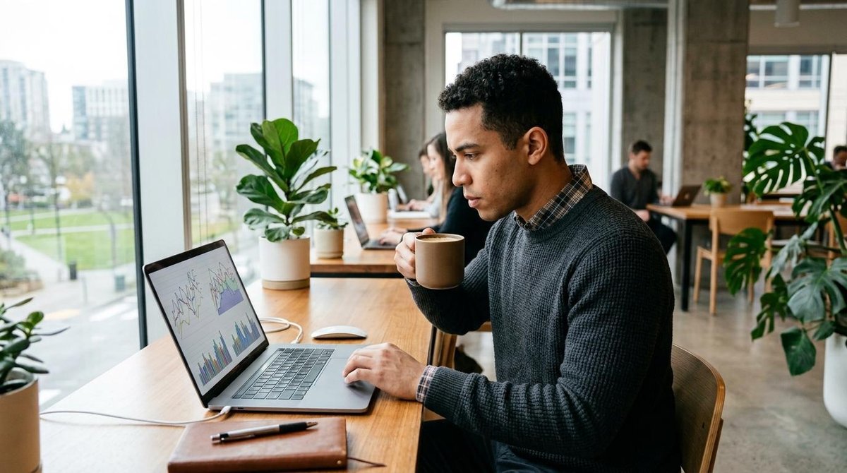 Persona joven analizando gráficos financieros en una laptop mientras sostiene una taza de café, sentada en un espacio de trabajo contemporáneo con luz natural