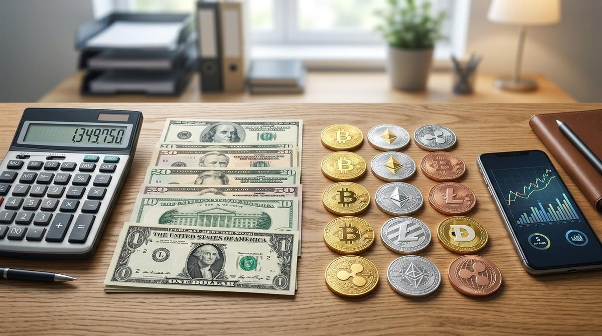 Monedas digitales y billetes de dólar sobre una superficie de madera con una calculadora y un teléfono móvil al lado.