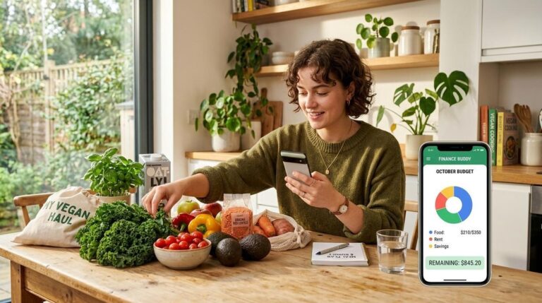 Persona revisando una lista de compras veganas en el mercado mientras compara precios de frutas y verduras de temporada