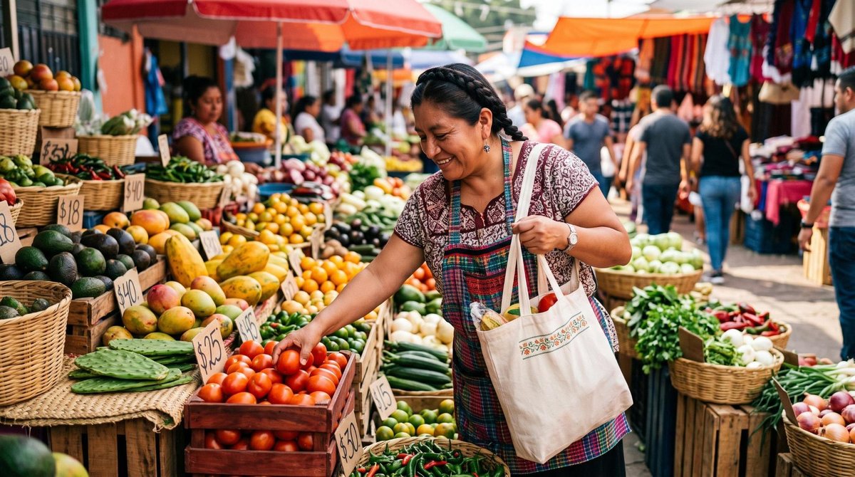 Una mujer selecciona frutas y verduras frescas de temporada en un colorido tianguis mexicano, sosteniendo una bolsa de tela reutilizable mientras obse