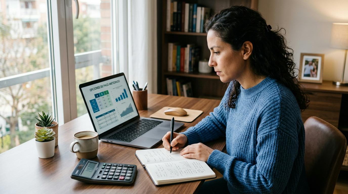 Persona escribiendo en cuaderno frente a portátil con gráficos financieros y calculadora sobre escritorio de madera
