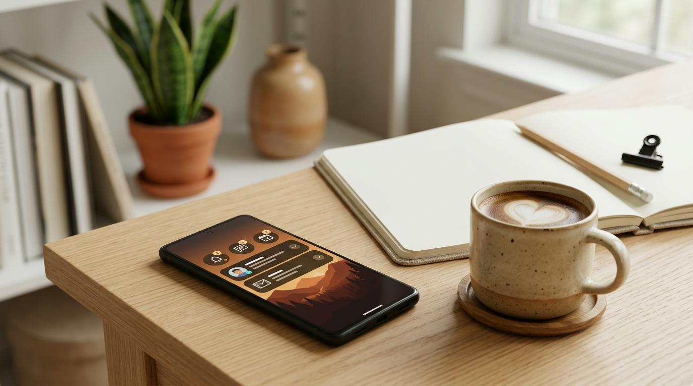 Mesa de madera con smartphone, taza de café, cuaderno abierto, lápiz y planta en maceta al fondo