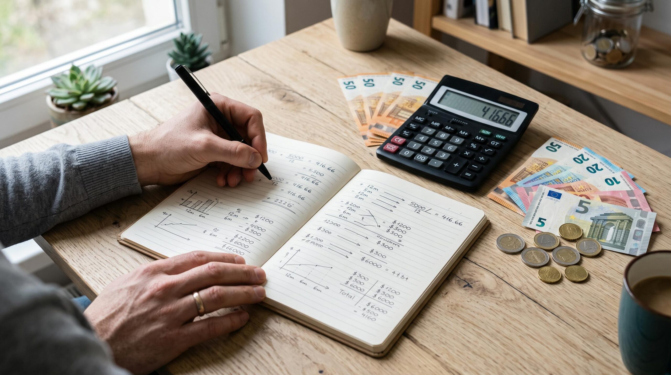 Persona escribiendo cálculos financieros en cuaderno con billetes, monedas y calculadora sobre mesa de madera
