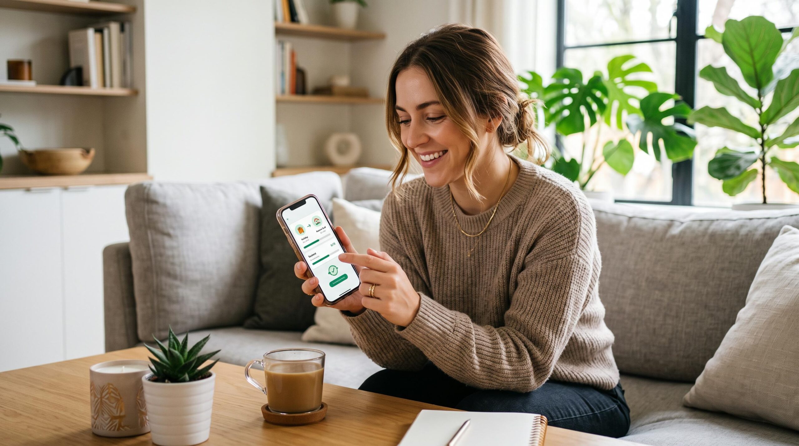 Persona sonriente sentada en sofá usando teléfono móvil con aplicación visible, cerca de mesa con taza y plantas
