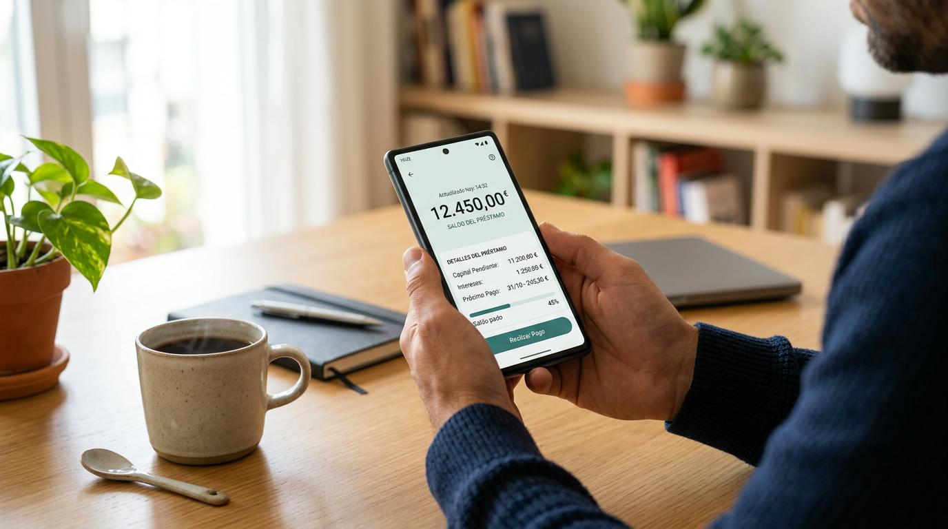 Persona revisando saldo de préstamo en smartphone sobre mesa con taza de café y cuaderno
