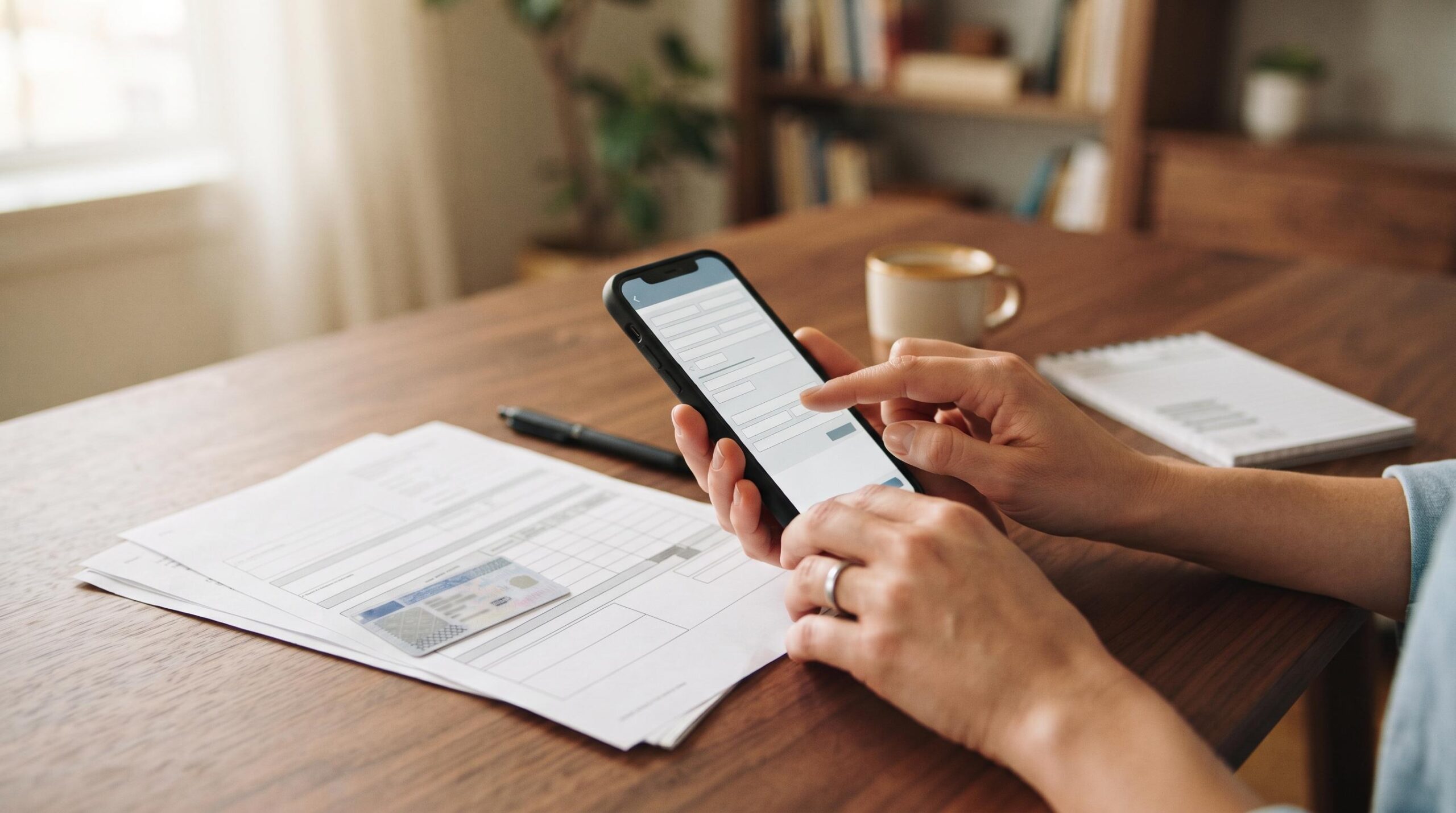 Persona usando smartphone junto a documentos con tarjeta de crédito sobre mesa de madera