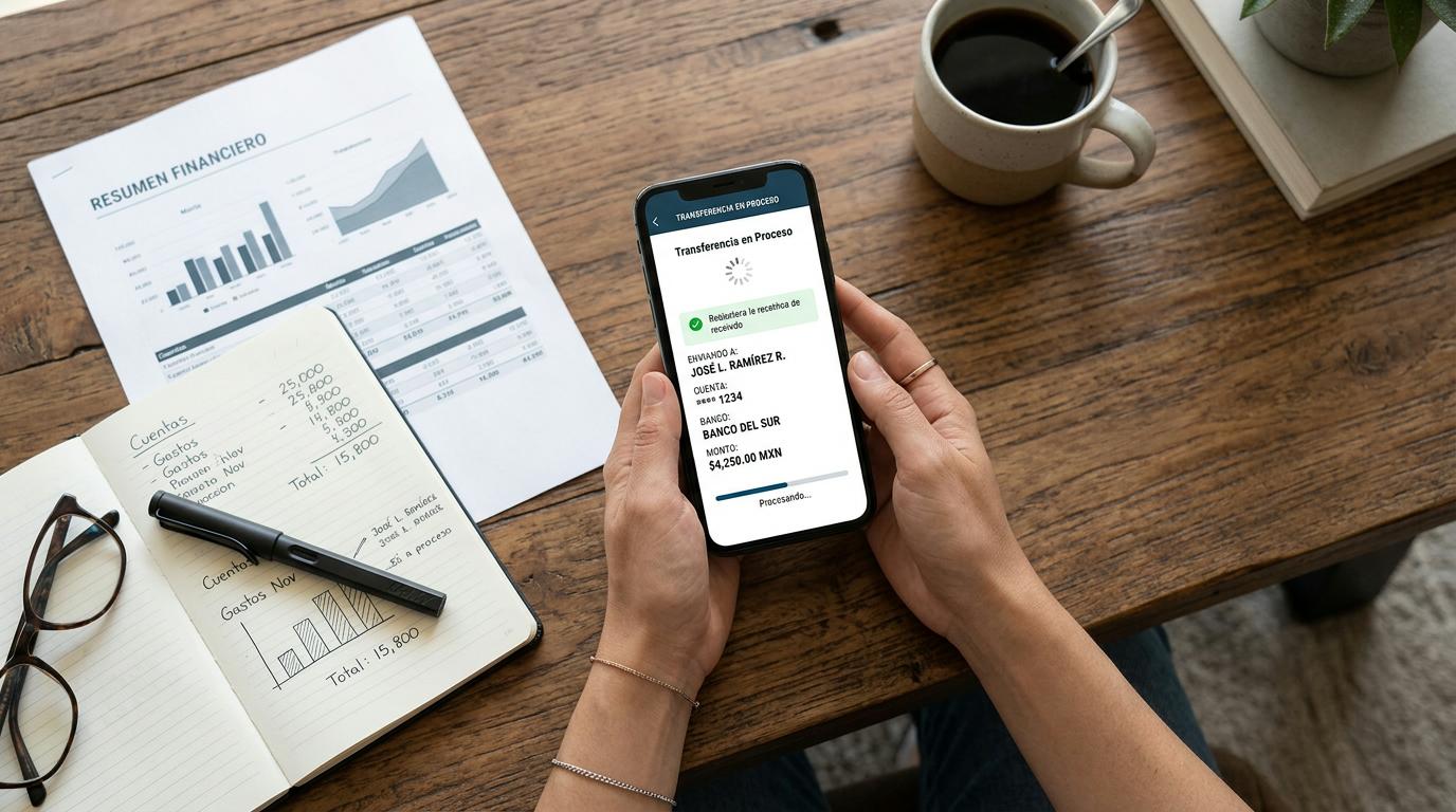 Persona usando teléfono móvil para transferencia bancaria mientras revisa documentos financieros y apuntes en cuaderno sobre mesa de madera