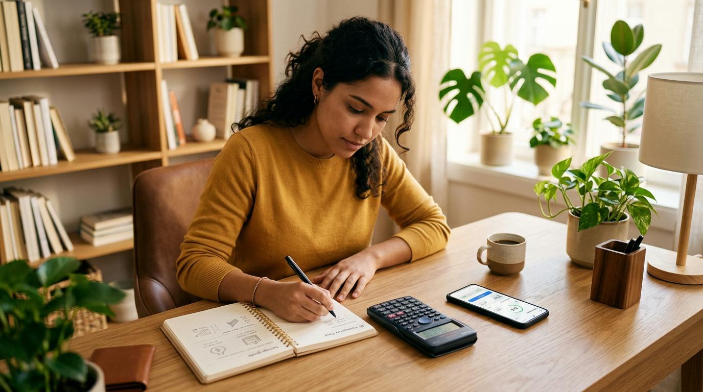 Persona calculando sus gastos esenciales en una libreta para definir su meta de ahorro como fondo de emergencia