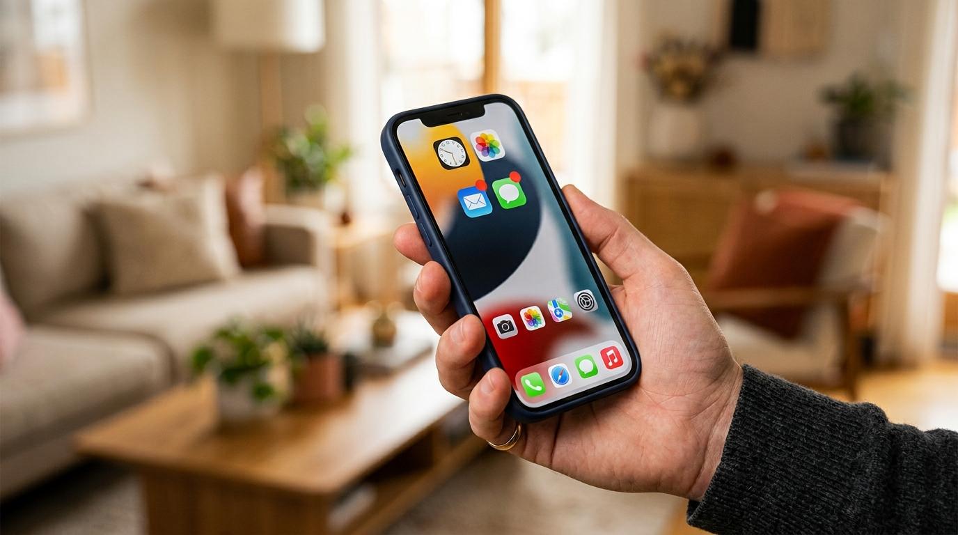 Una persona sostiene un teléfono inteligente mostrando la pantalla de inicio con iconos de aplicaciones en una sala de estar