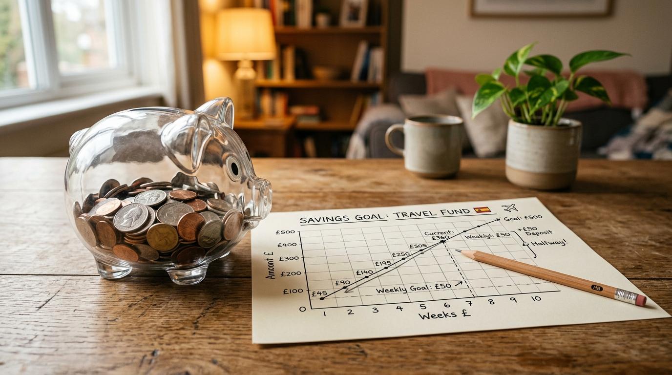 Hucha de cerdo con monedas, gráfico de ahorro para viaje y lápiz sobre mesa de madera
