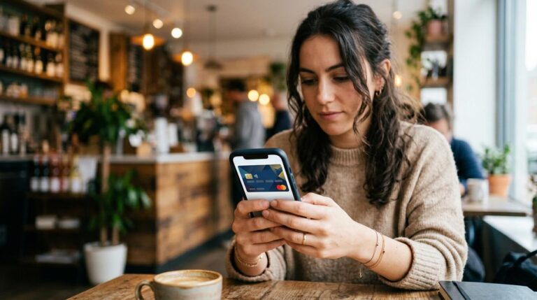 Persona sosteniendo su celular con la app de banca digital abierta para solicitar reposición de tarjeta de débito en línea