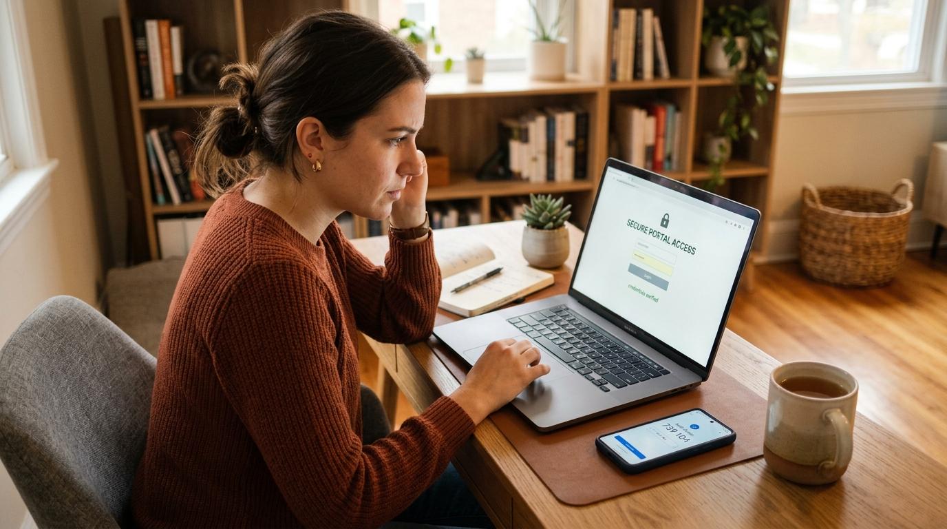  Persona sentada frente a una computadora portátil mostrando acceso a portal seguro mientras sostiene la cabeza con una mano
