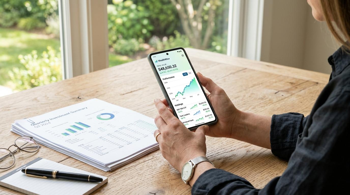 Persona revisando gráficos financieros en su teléfono mientras consulta documentos de inversión sobre una mesa de madera
