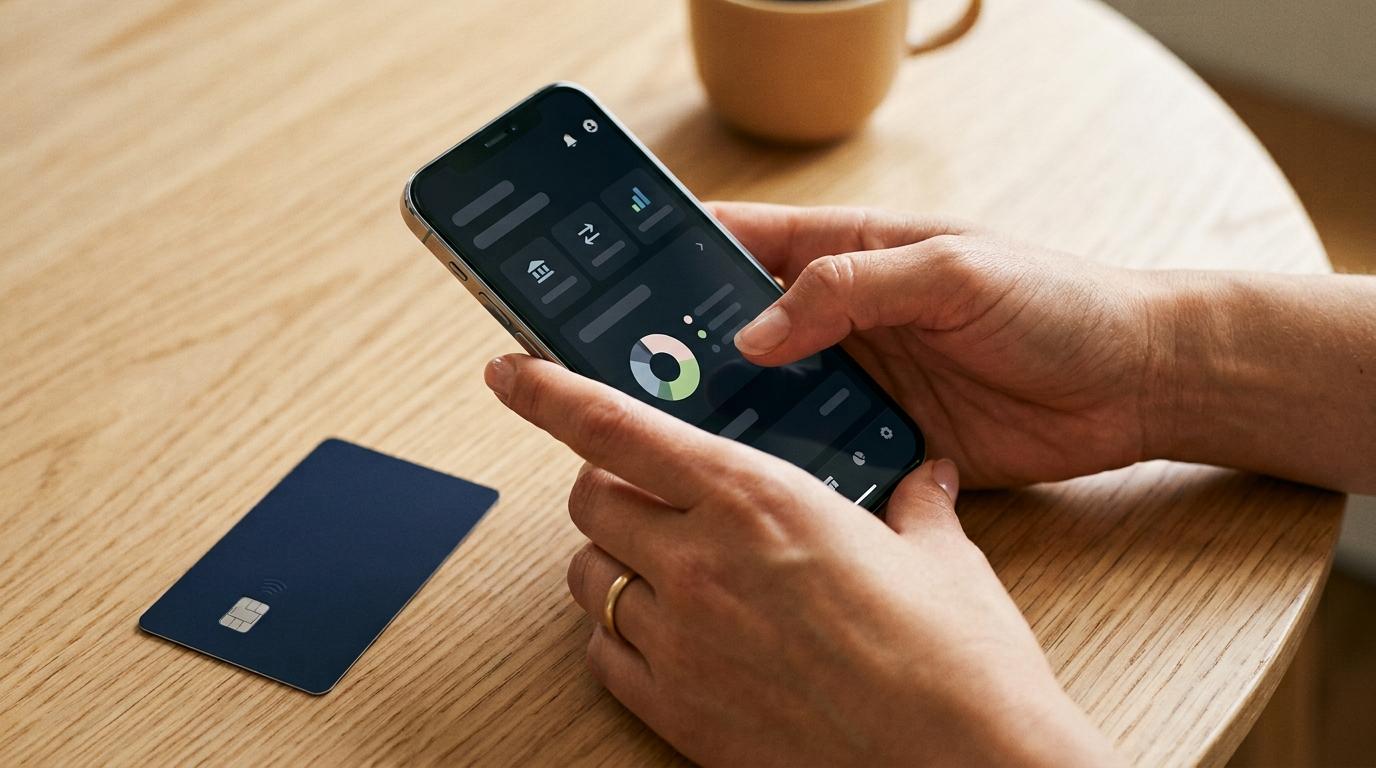 Persona usando smartphone con tarjeta de crédito sobre mesa de madera clara

