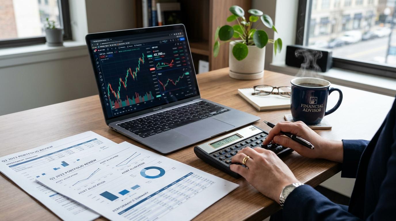 Persona usando calculadora frente a portátil con gráficos financieros y documentos en escritorio junto a ventana