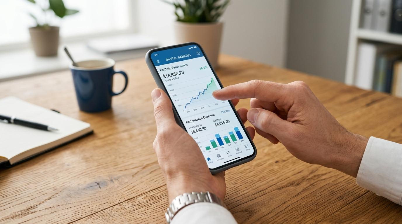 Manos sosteniendo un smartphone mostrando una interfaz de banca digital con gráficos de rendimientos, sobre una superficie de madera con ambiente prof
