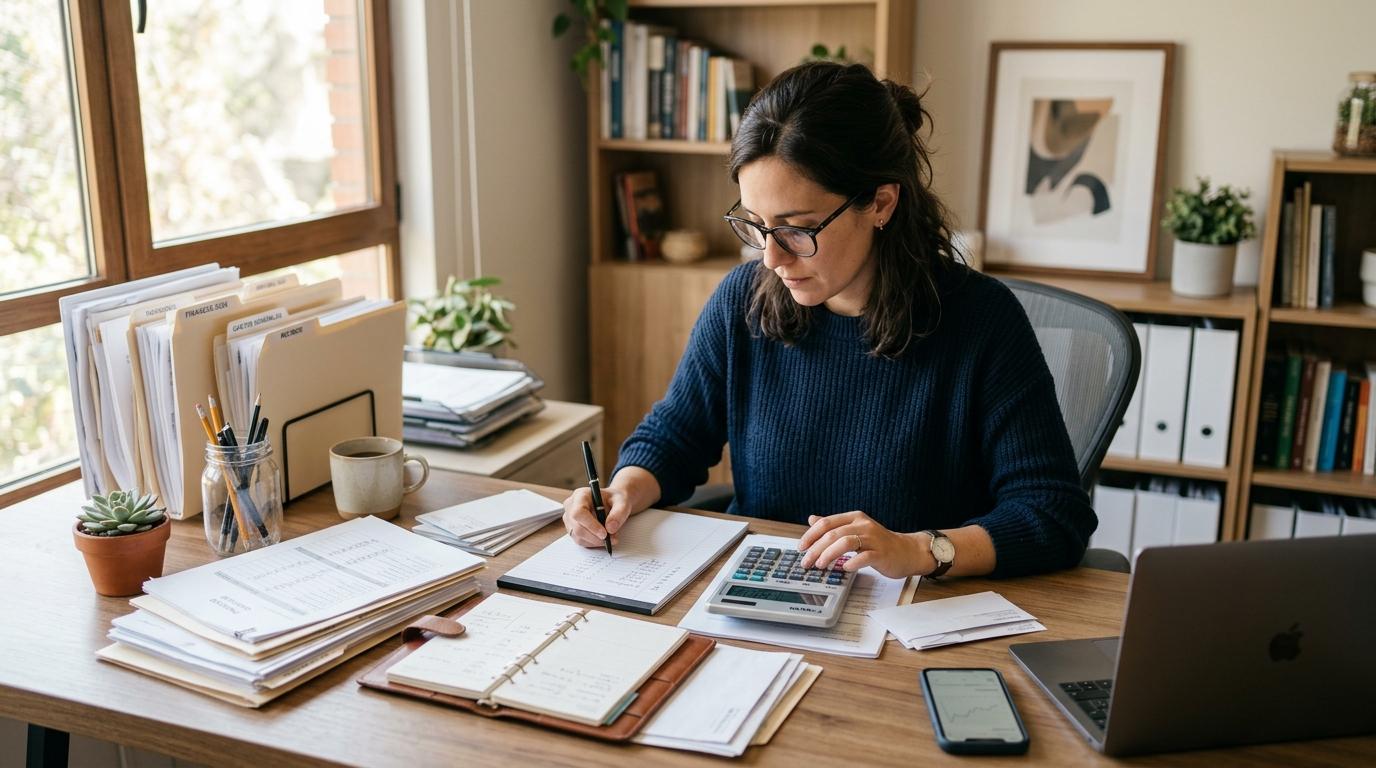 Una persona organizando documentos financieros y calculando gastos mensuales esenciales en una mesa de trabajo ordenada, con una calculadora y notas,