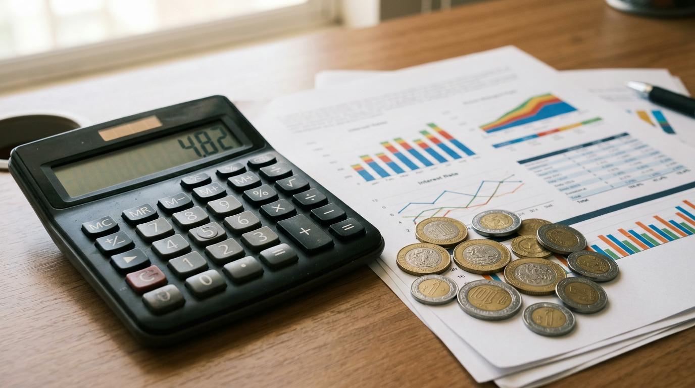 Primer plano de una calculadora electrónica junto a documentos con gráficos financieros y monedas mexicanas, sobre un escritorio con luz natural suave