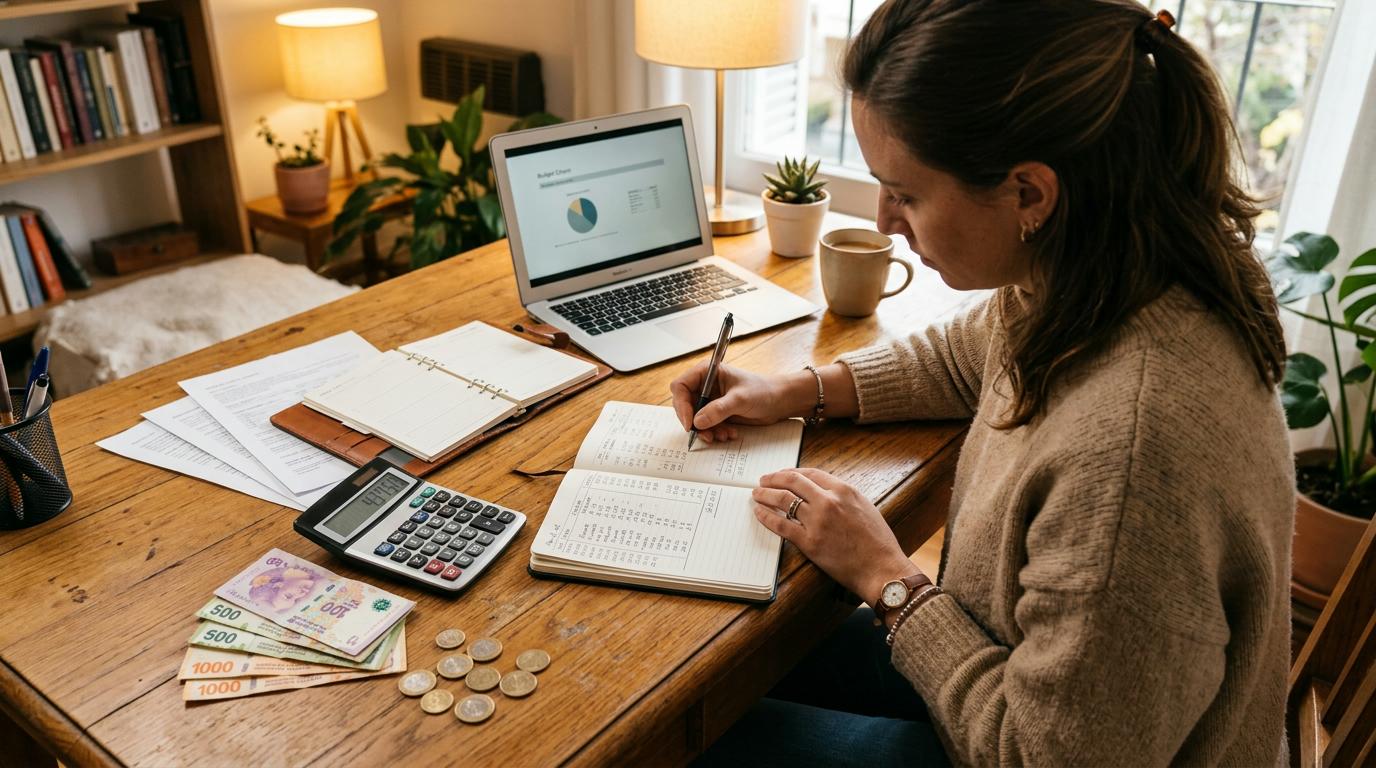 Persona escribiendo en un cuaderno con billetes, monedas y calculadora sobre mesa de madera