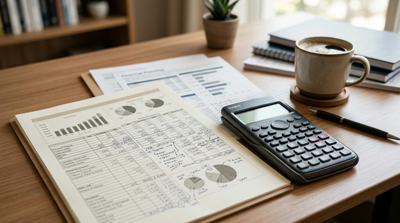 Calculadora financiera junto a documentos con porcentajes y anotaciones de ISR sobre un escritorio organizado, ambiente de planeación financiera perso