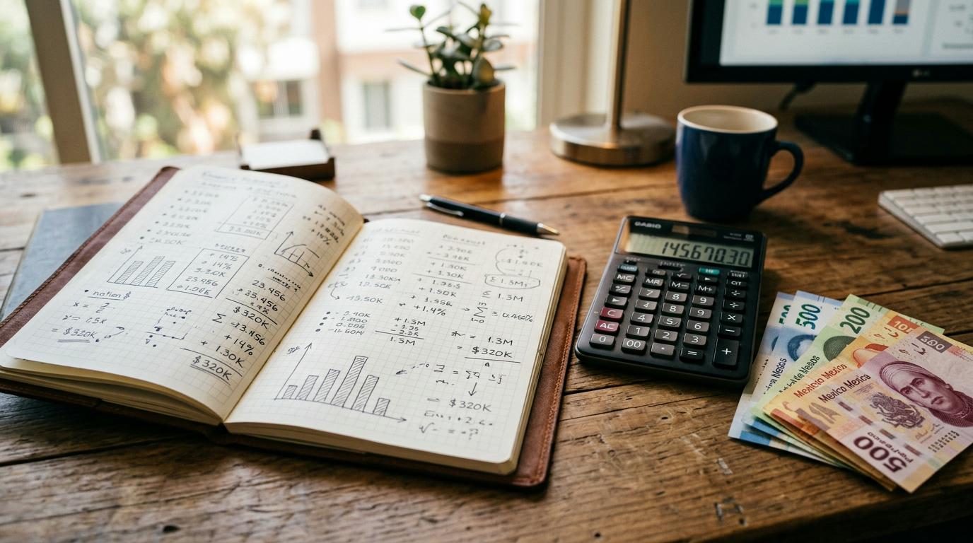 Cuaderno abierto con cálculos financieros escritos a mano junto a billetes de pesos mexicanos y una calculadora, sobre una mesa de trabajo con luz nat