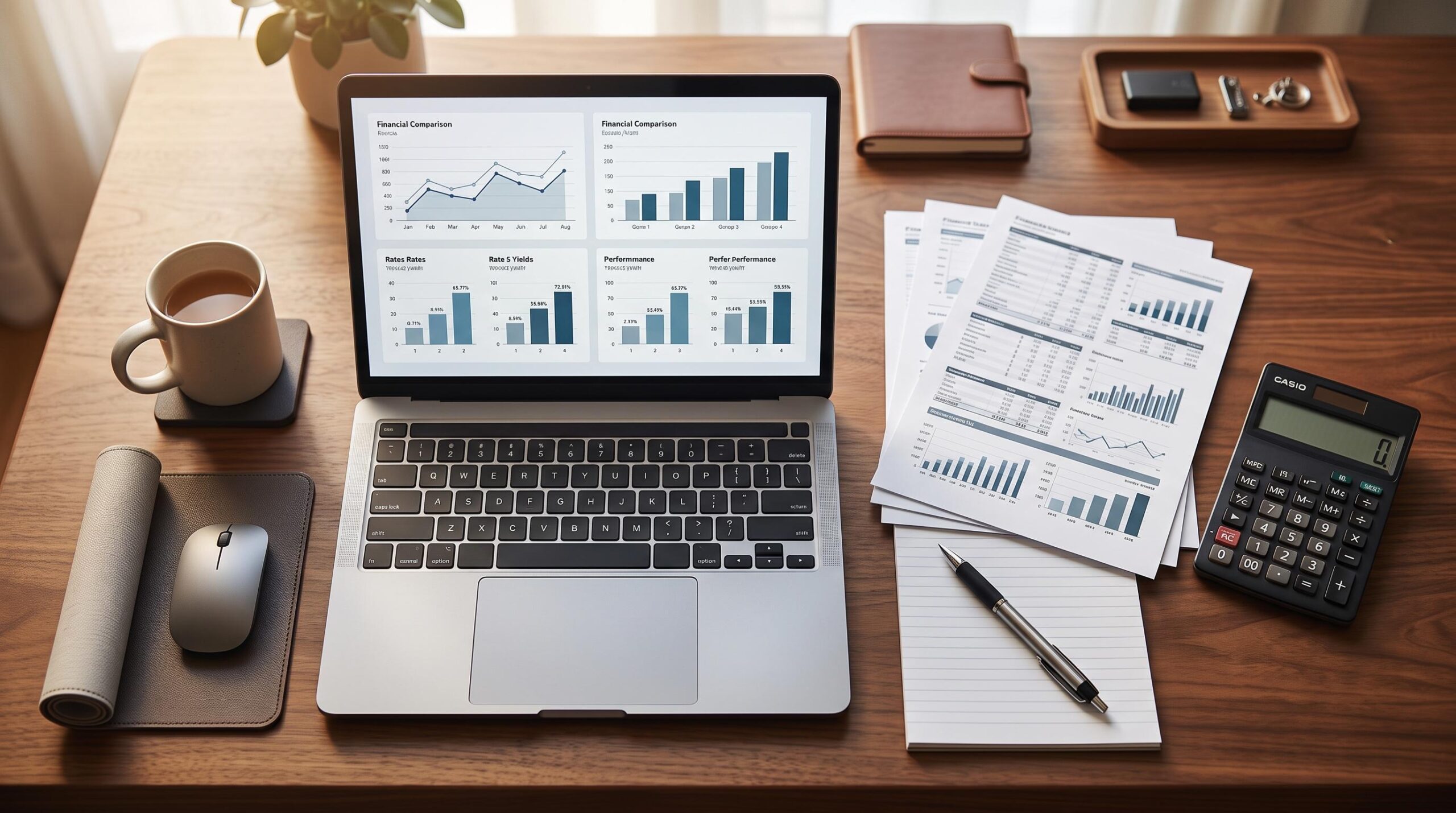Vista superior de un escritorio organizado con una laptop mostrando comparadores de tasas en pantalla, documentos financieros impresos, una calculador