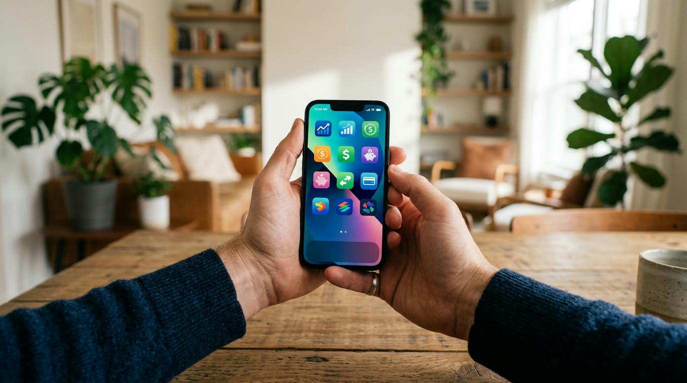 Manos sosteniendo un smartphone mostrando varias aplicaciones financieras de bancos digitales y fintechs mexicanas, con un fondo difuminado de hogar m