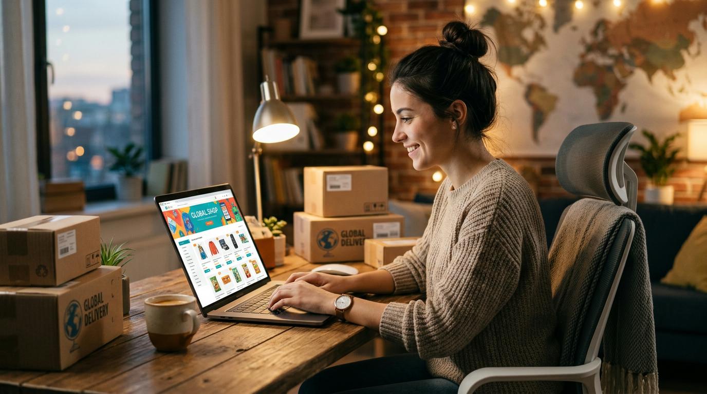 Persona revisando opciones de compra internacional en línea desde su computadora portátil