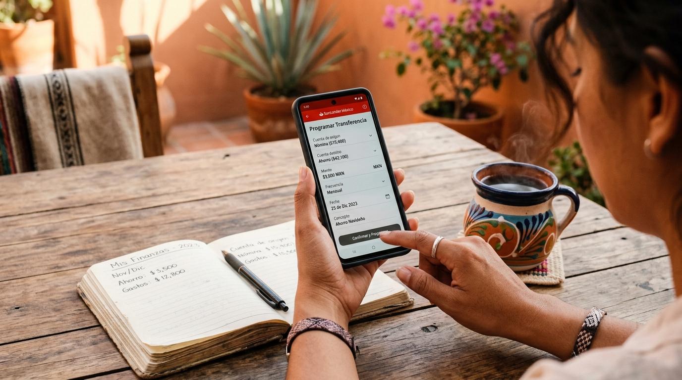 Persona usando smartphone para programar transferencia bancaria mientras consulta cuaderno de finanzas personales en mesa de madera rústica con taza de café humeante al lado
