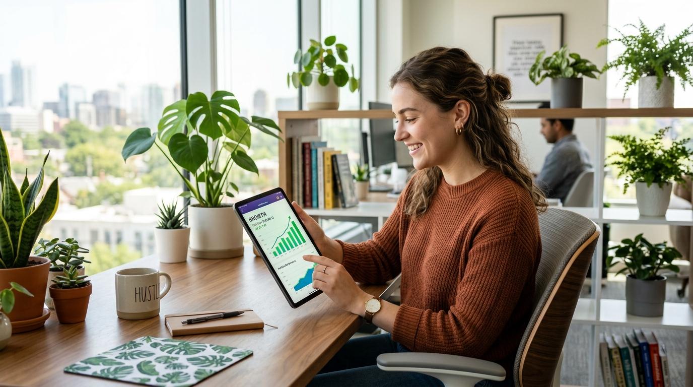 Persona joven revisando el crecimiento de sus inversiones en una tablet con expresión satisfecha, sentada en un espacio de trabajo moderno con luz nat