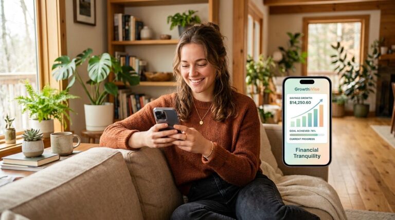 Persona revisando el crecimiento de su fondo de emergencia en una app de finanzas desde su smartphone