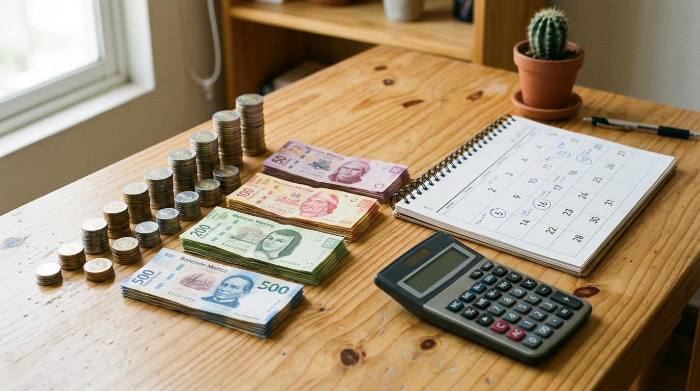 Monedas y billetes mexicanos ordenados junto a un calendario y una calculadora sobre una superficie de madera clara, representando la planificación fi