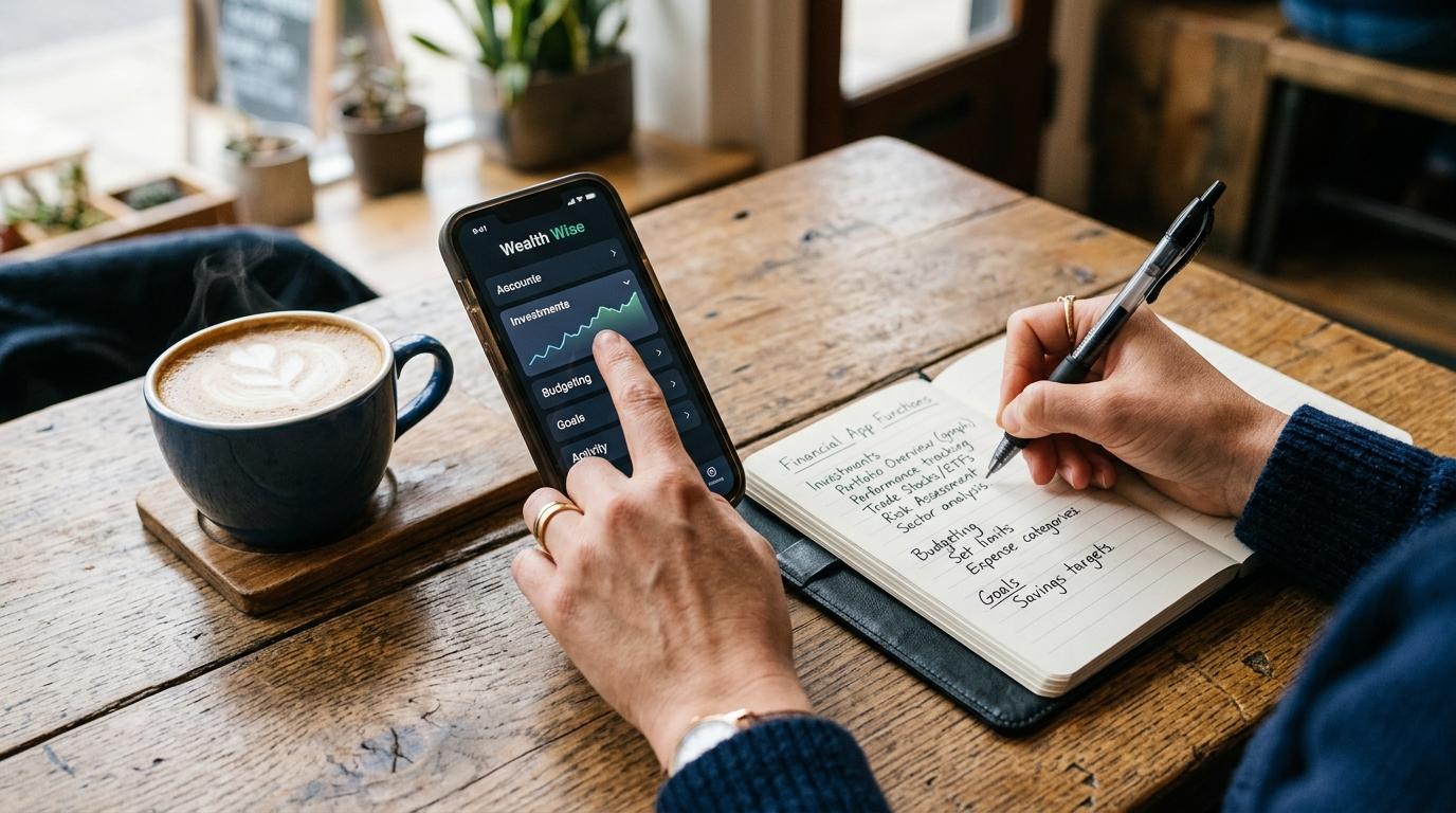 Manos de una persona navegando por las secciones de una aplicación financiera en su teléfono móvil, con un cuaderno abierto al lado para anotar las fu