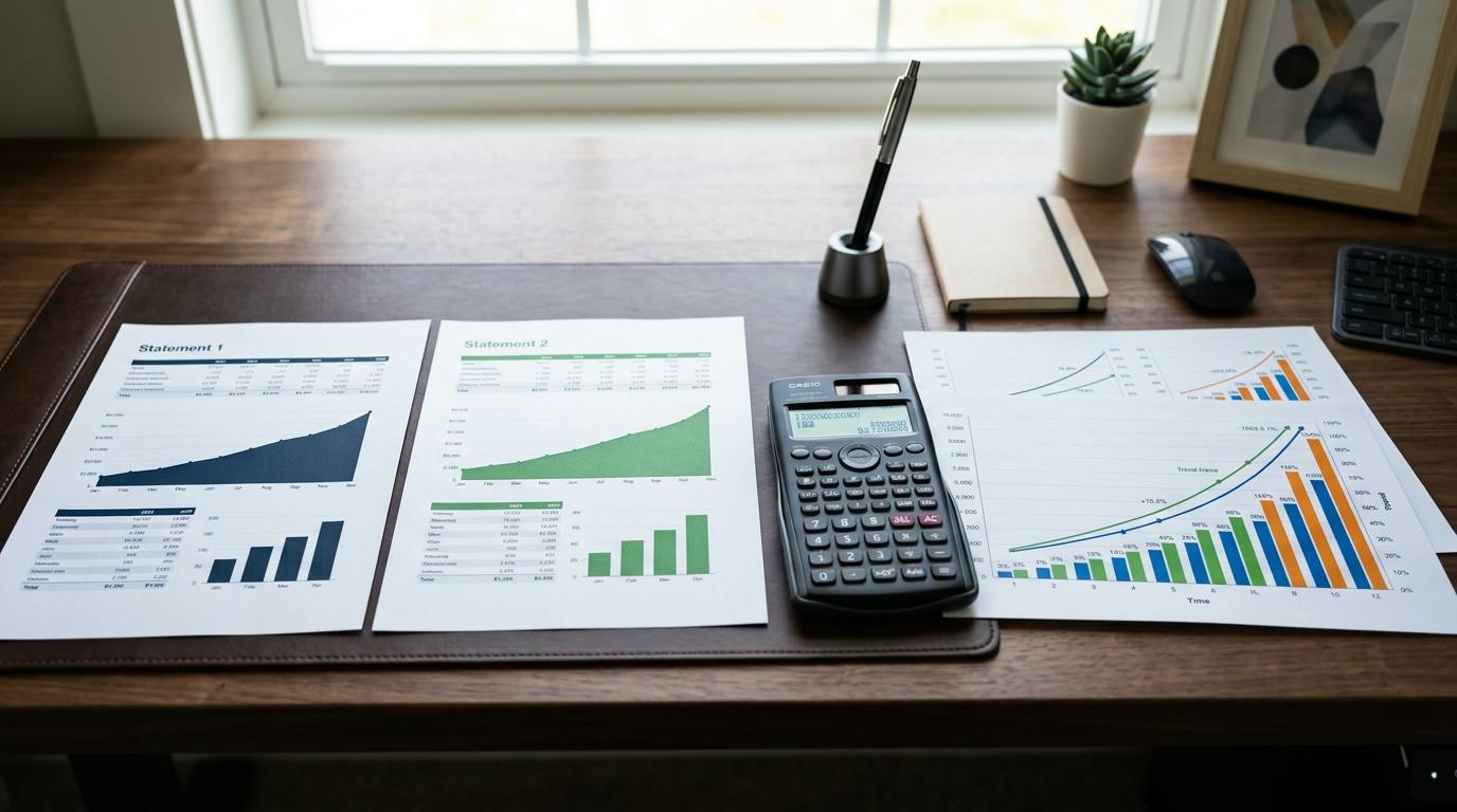 Comparación visual de estados de cuenta y calculadora financiera sobre un escritorio ordenado, con gráficos que ilustran el crecimiento del capital a