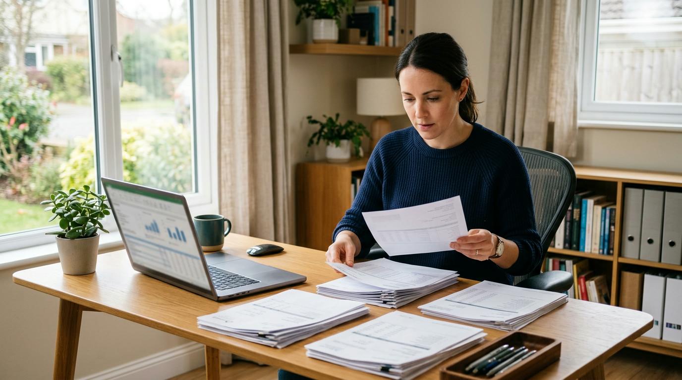 Persona clasificando estados de cuenta y documentos financieros impresos junto a una laptop abierta, en un espacio de trabajo ordenado con luz natural