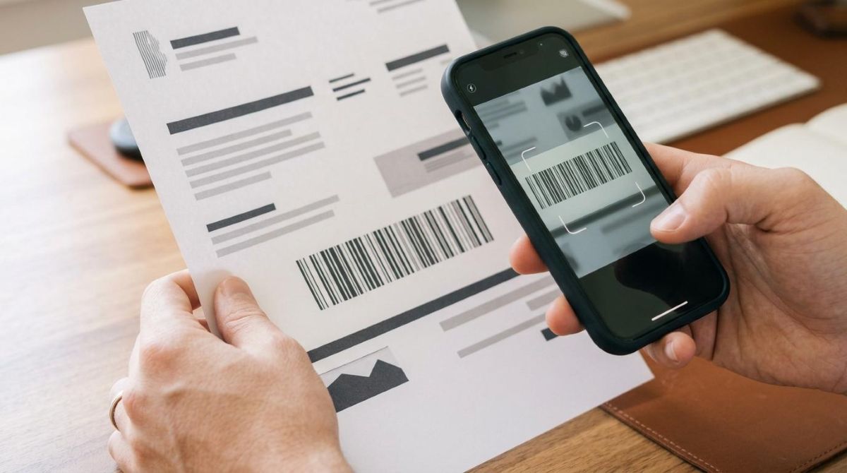 Primer plano de manos sosteniendo un recibo de servicios impreso mientras escanean el código de barras con la cámara de un smartphone