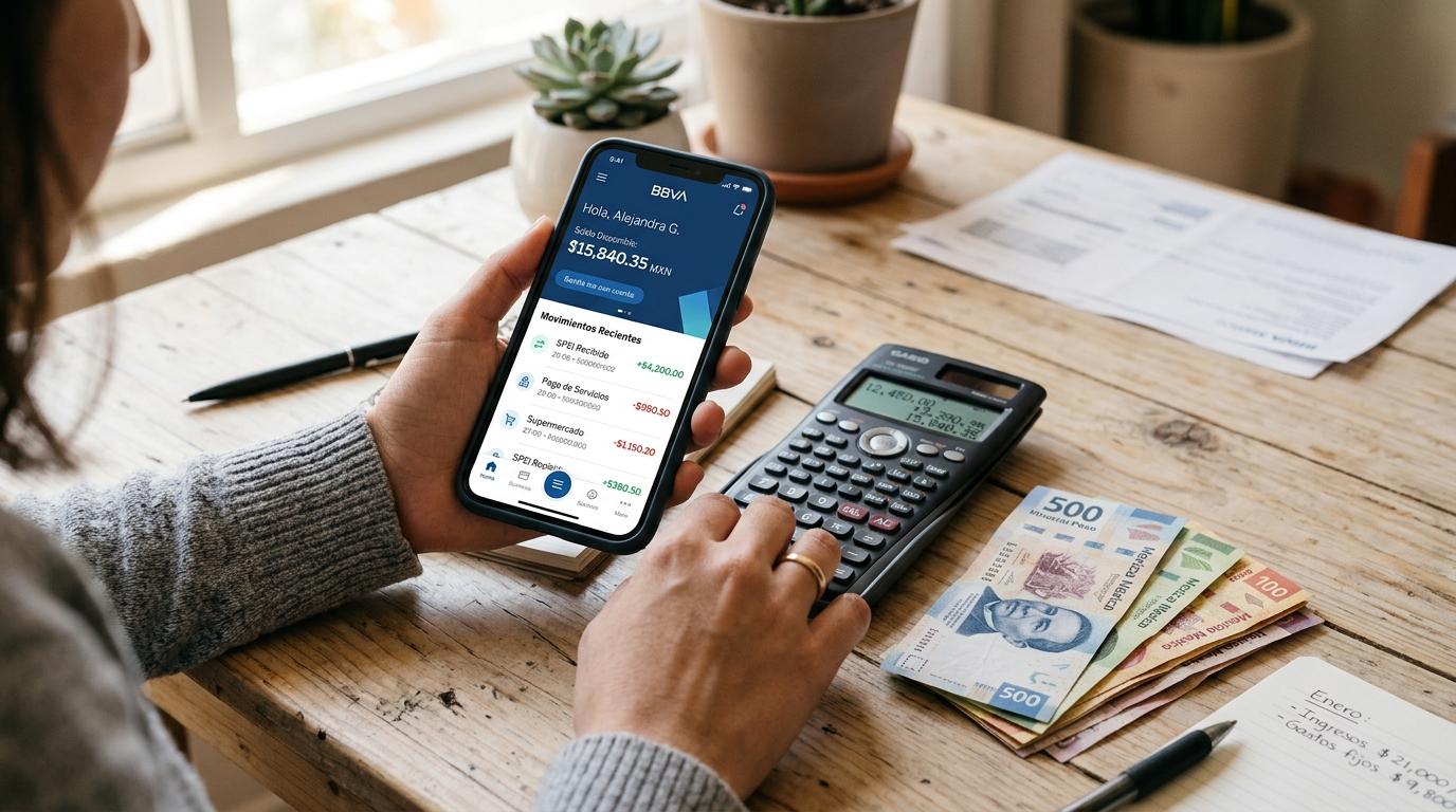 Primer plano de manos sosteniendo un smartphone que muestra una pantalla de banca móvil junto a una calculadora financiera y billetes mexicanos sobre