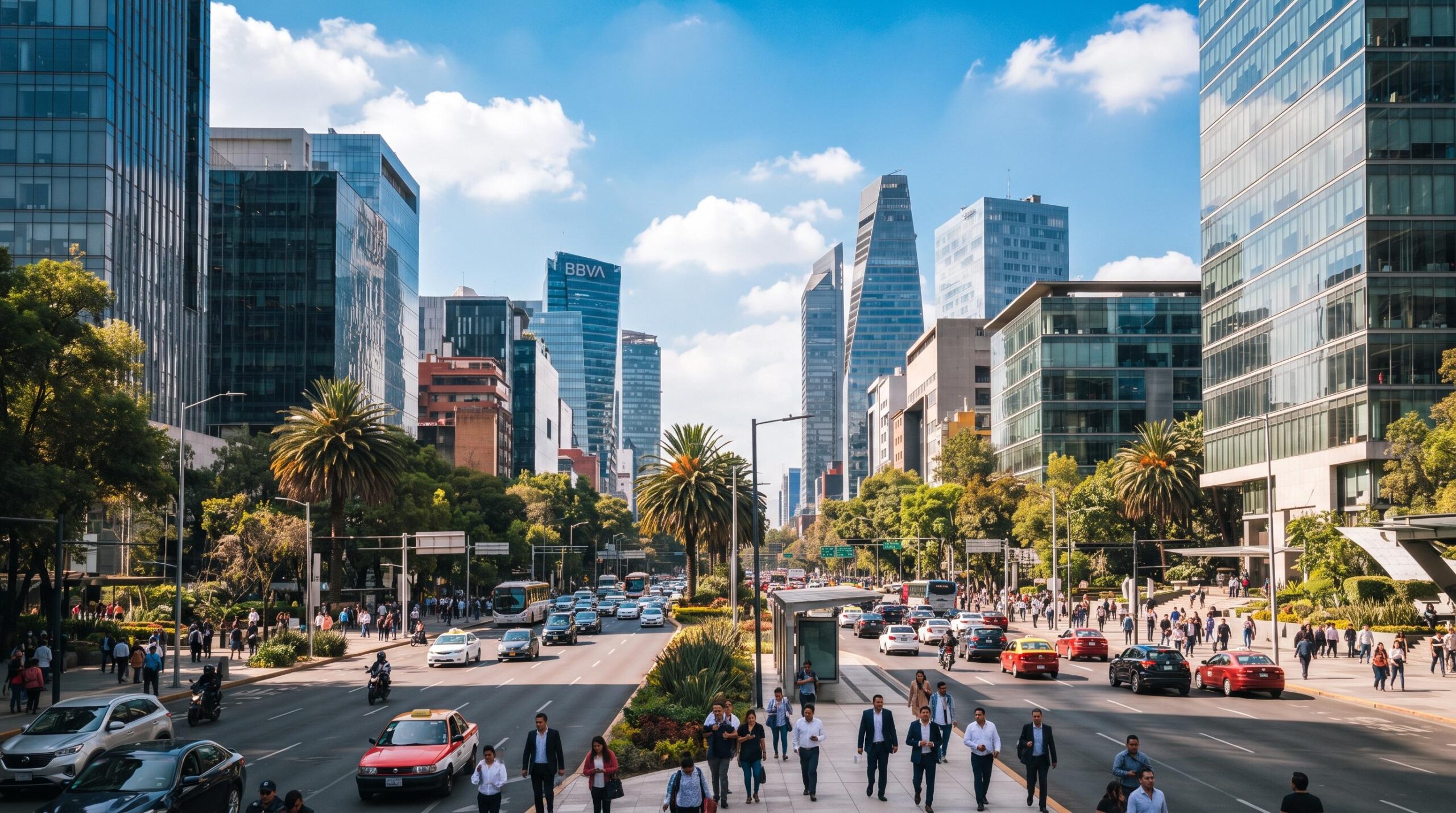 Avenida urbana con rascacielos, palmeras, vehículos en movimiento y personas caminando bajo cielo azul