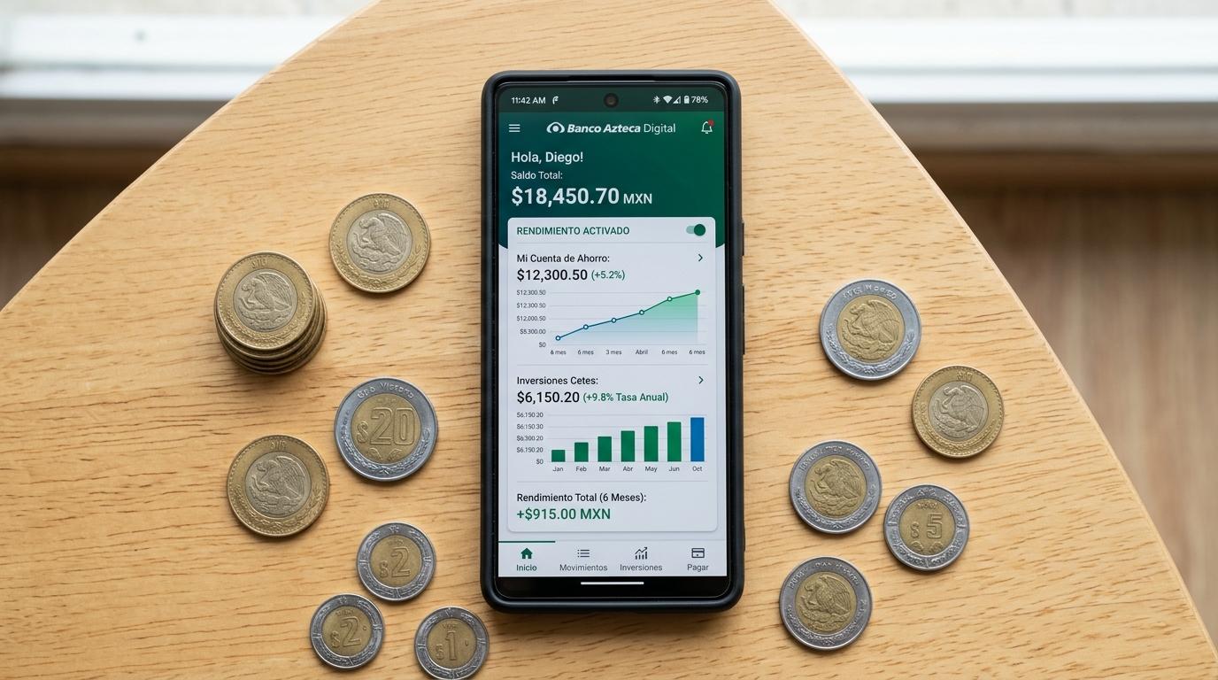 Vista superior de un smartphone mostrando una interfaz de banca digital con indicadores de rendimiento activados, rodeado de monedas mexicanas sobre u