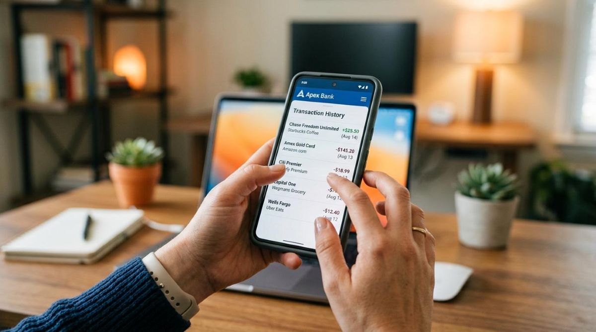 Vista cercana de manos sosteniendo un smartphone que muestra el historial de transacciones de una tarjeta de crédito en una app bancaria