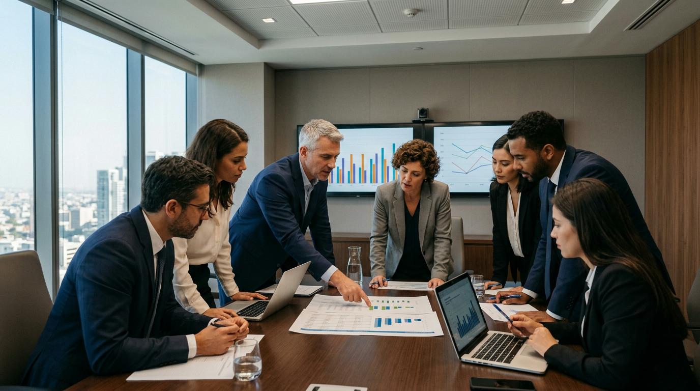 Vista de una reunión profesional en una oficina ejecutiva moderna con personas analizando documentos financieros sobre una mesa, computadoras portátil