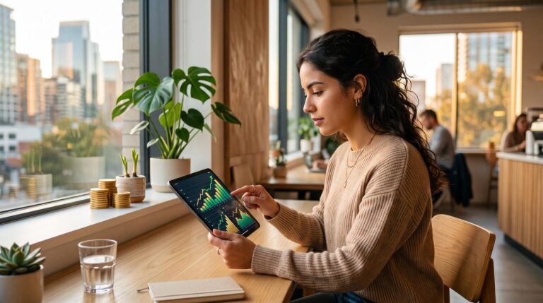 Persona revisando opciones de rendimiento en su celular para encontrar las mejores tasas con dinero disponible