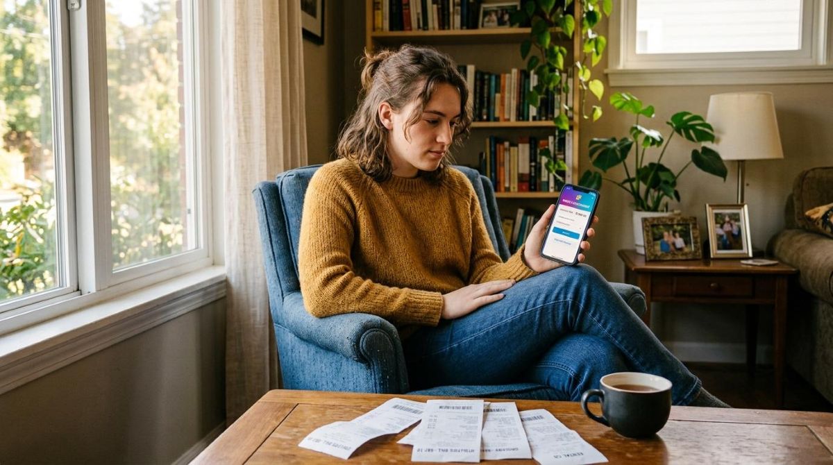 Persona revisando recibos de servicios vencidos en su celular para realizar el pago desde una app