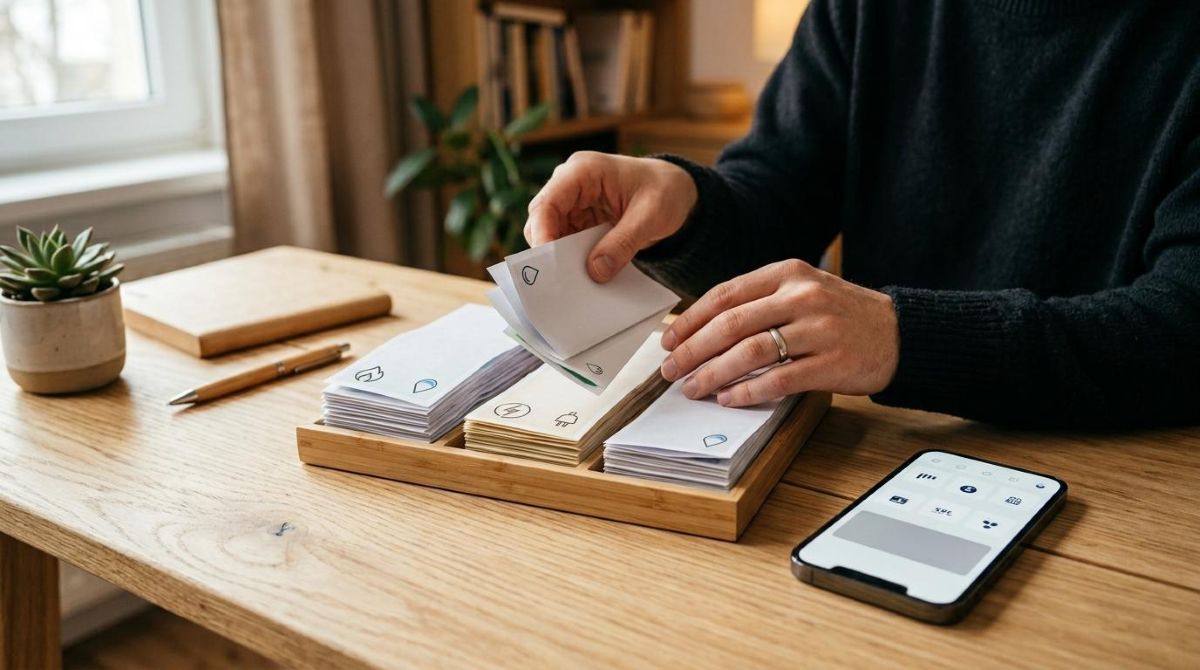 Manos de una persona organizando recibos de luz, agua y gas sobre una superficie de madera clara, con un smartphone moderno al lado mostrando la panta