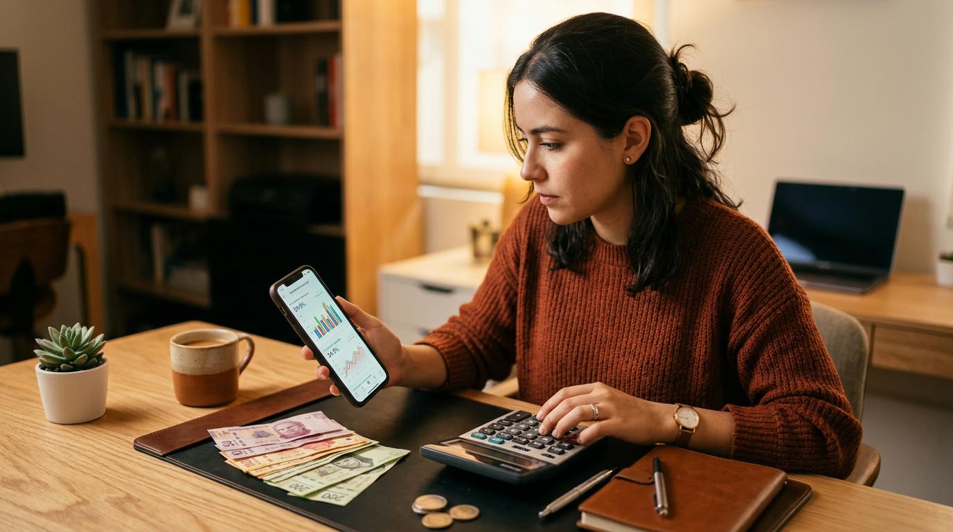 Persona revisando proyecciones de rendimiento en su teléfono inteligente mientras sostiene una calculadora sobre un escritorio ordenado, con billetes