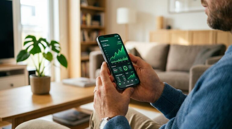 Persona configurando la reinversión automática de rendimientos en una app de inversión desde su smartphone